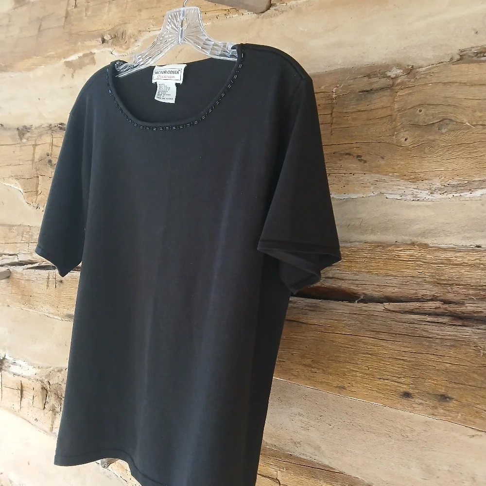 Victor Costa Vintage Black Scoop Neck Short Sleeved Silk Blend Sweater Size 1X